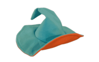 The word Wizard's Hat is a part of her branding, in the colours of orange and teal.