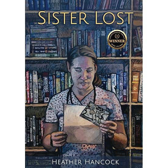 Book cover with a nurse in a library with a file folder and a photo in her hands.